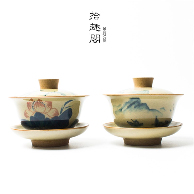 景德镇手绘陶瓷茶壶 纯手工三才盖碗 复古开片盖杯 粗陶茶碗盖壶