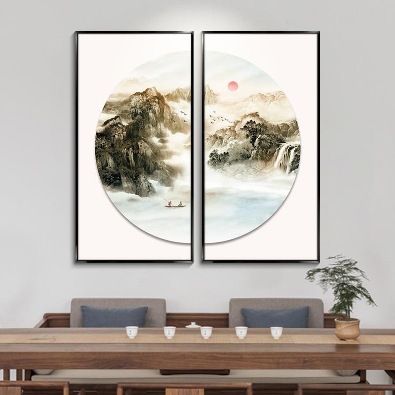 新中式客厅装饰画两联餐厅山水画茶室背景墙壁画走廊过道玄关挂画
