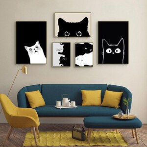 趣味黑色猫咪挂画北欧简约猫咖店小猫画像小黑猫宠物店墙面装饰画