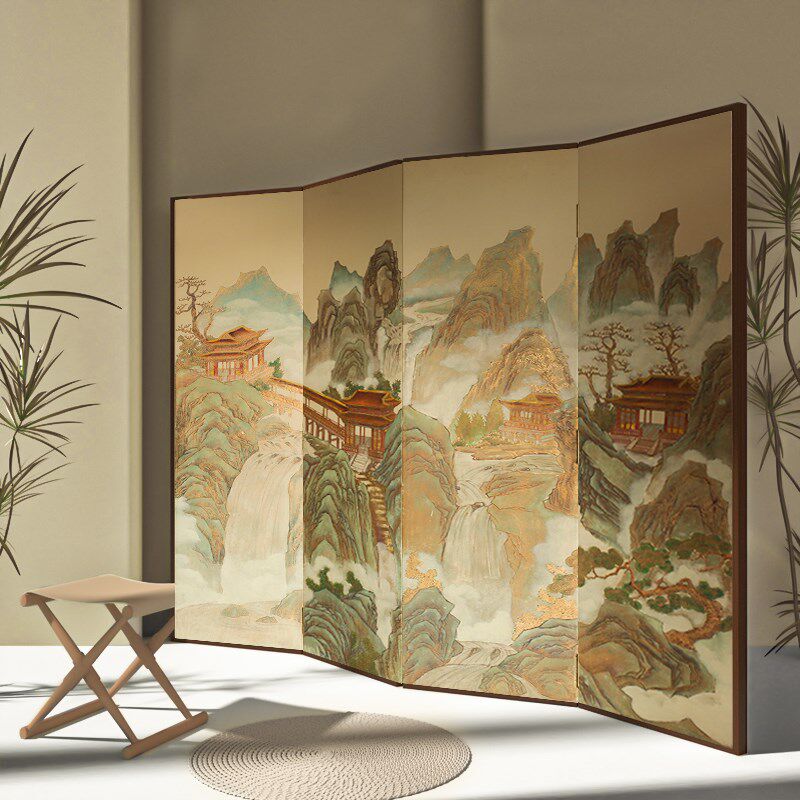 东方侘寂中式屏风隔断客厅办公室酒店茶室背景古典移动折屏山水画