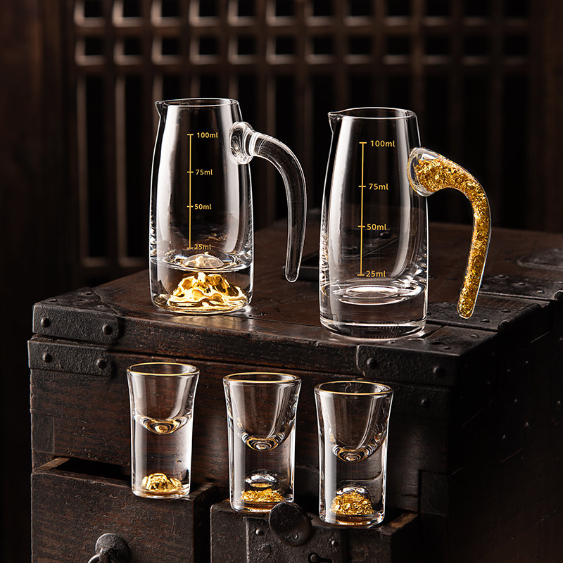 水晶白酒杯套装高级感玻璃家用酒壶分酒器中式金箔品酒酒具礼盒装