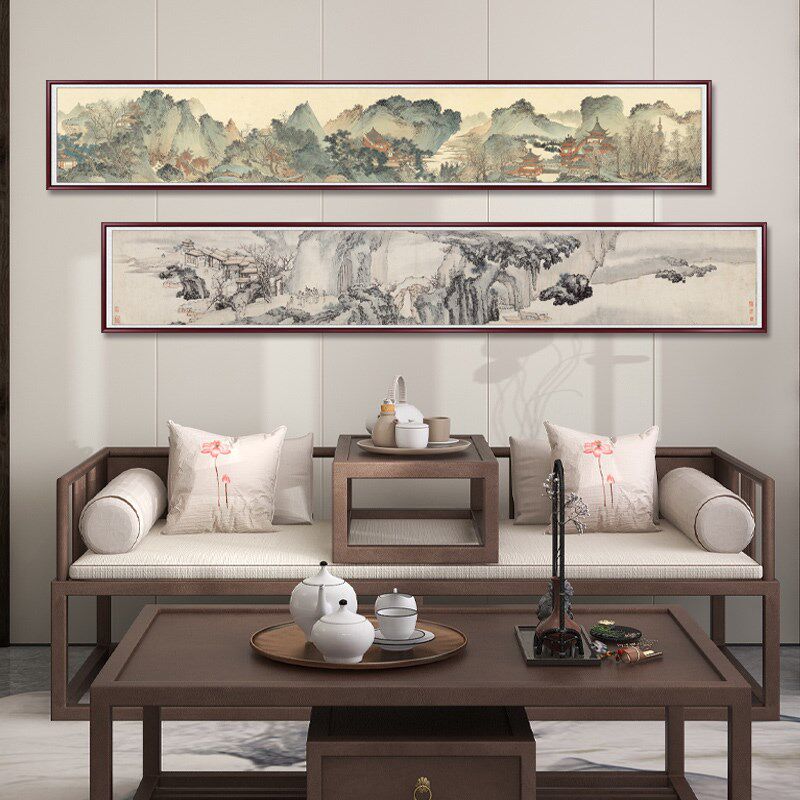 国画新中式客厅风景挂画山水画办公室装饰画书房茶室背景墙画长款