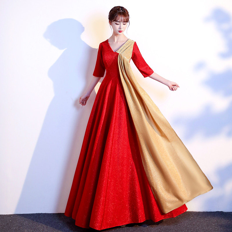大合唱团演出服女长裙2022新款气质大码礼服红歌比赛表演显瘦服装