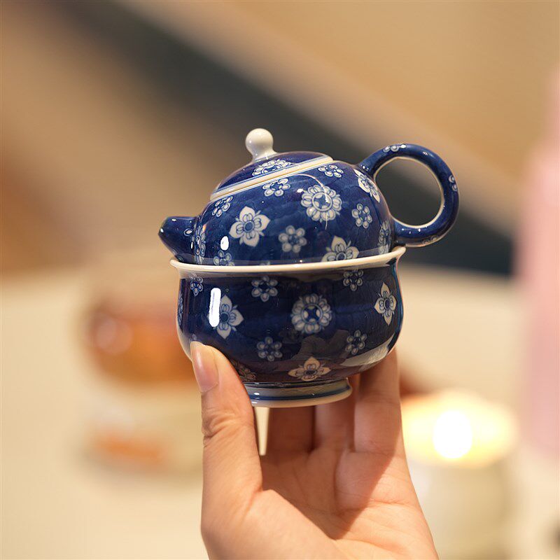 宛玉 蓝地青花螺钿纹西施壶 普洱杯白茶杯 一人饮套组主人杯 盖置