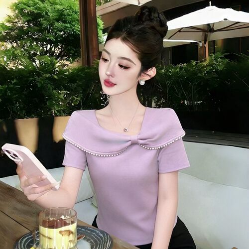 气质法式蝴蝶结短袖T恤女2026夏季新款珍珠独特别致显瘦洋气上衣