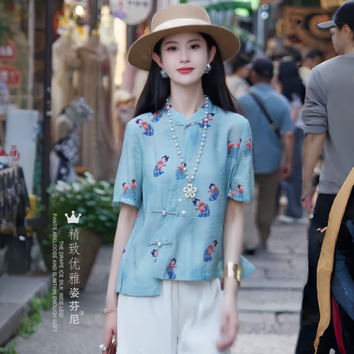 新中式复古短袖衬衫女士夏季新款设计感唐装上衣国风盘扣立领小衫