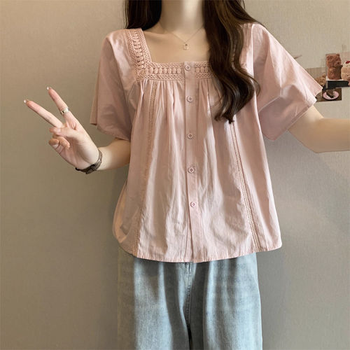 胖mm法式温柔甜美风正肩方领短袖衬衫大码女装夏季超好看显瘦上衣
