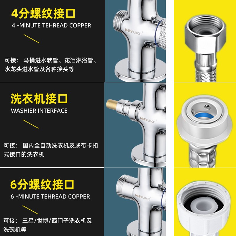 全铜体厨房单冷水龙头一进二出双开关洗碗机4/6分阳台洗衣机三通