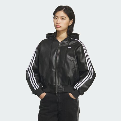 阿迪三叶草劲浪保暖运动连帽拉链棉服女款KU6857