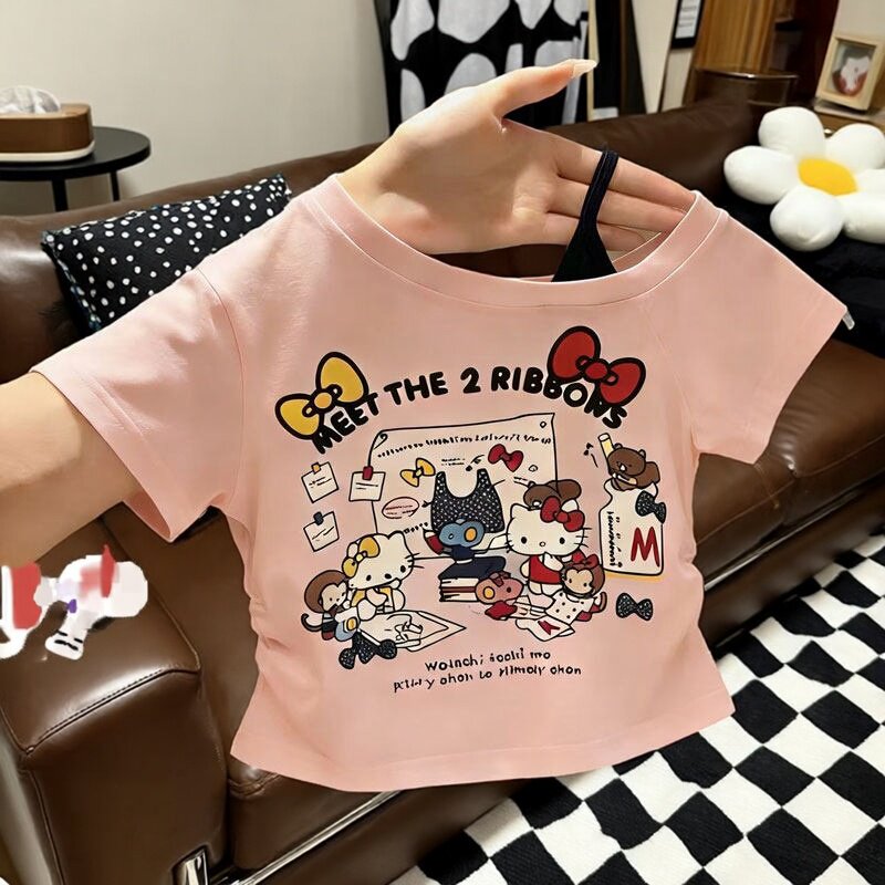 纯棉斜肩收腰女童短袖t恤夏季新款宝宝韩版卡通印花洋气休闲上衣