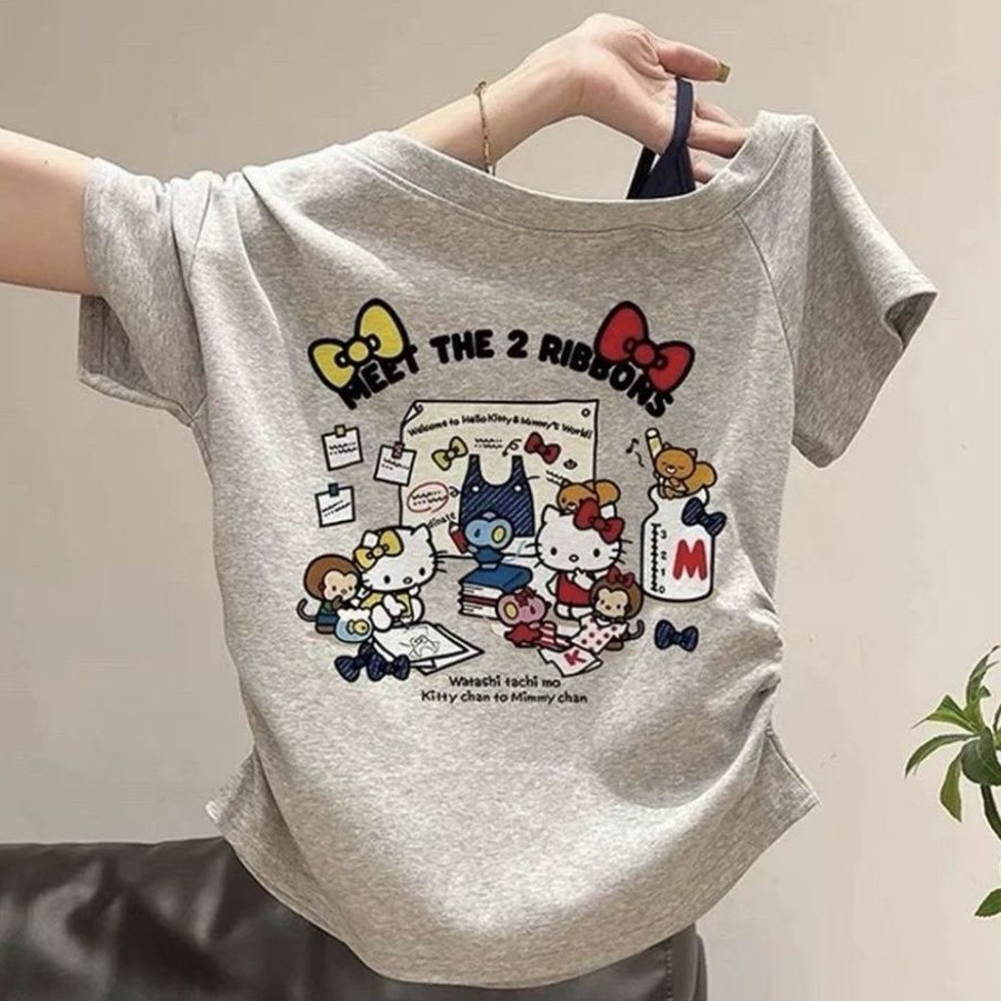 2026新款夏装女童夏季斜肩韩风短袖T恤洋气设计感猫咪印花上衣