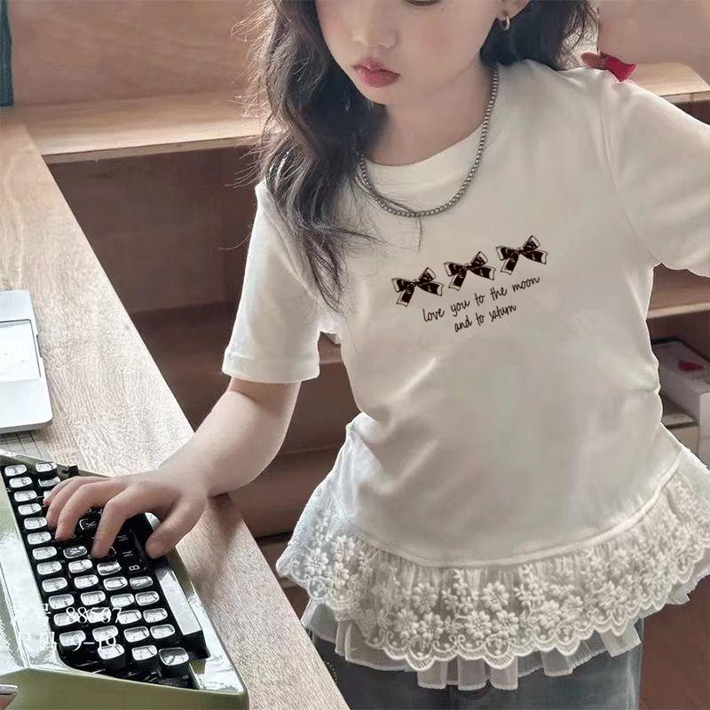 女童夏季纯棉蕾丝收腰短袖T恤