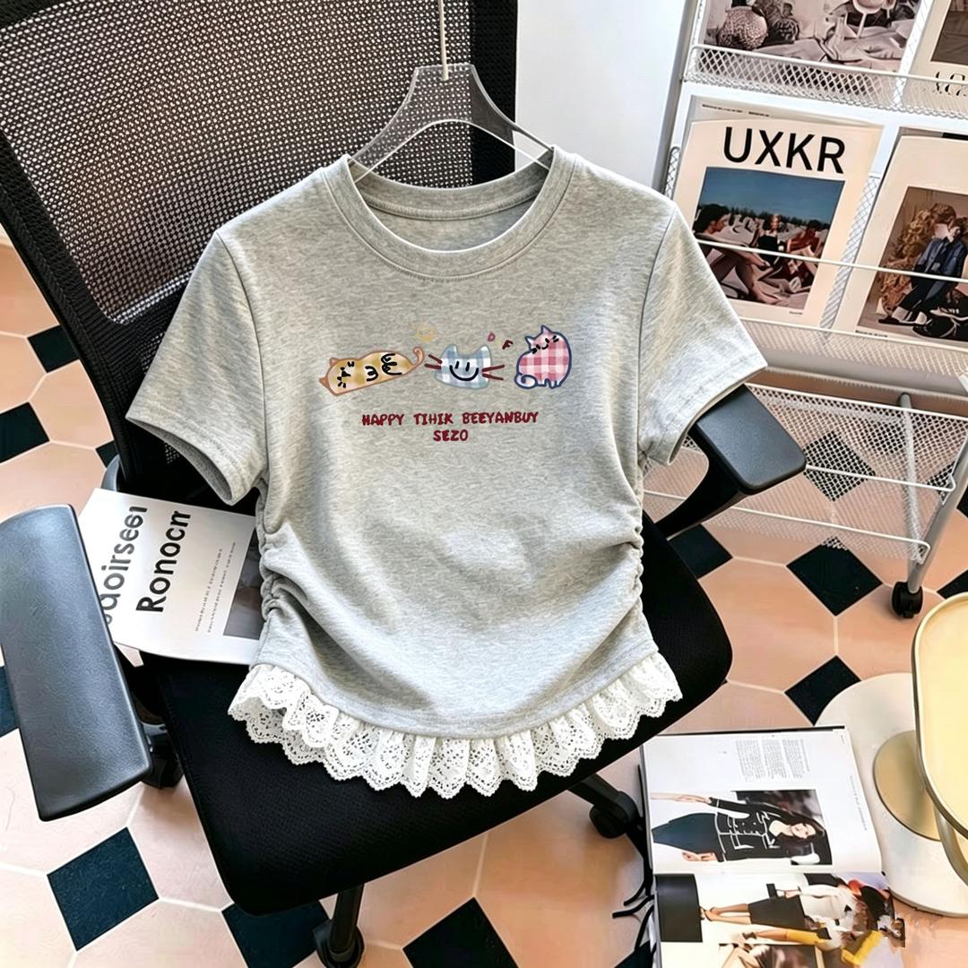 时髦夏装大童女孩蕾丝女童短袖t恤夏季2026新款儿童洋气花边上衣