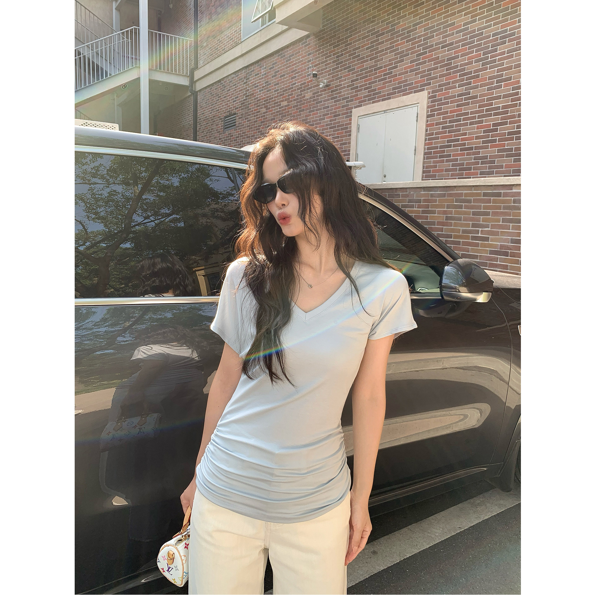 Maluona 浅蓝色 v领短袖t恤女夏轻薄掐腰蝙蝠袖气质莱赛尔上衣