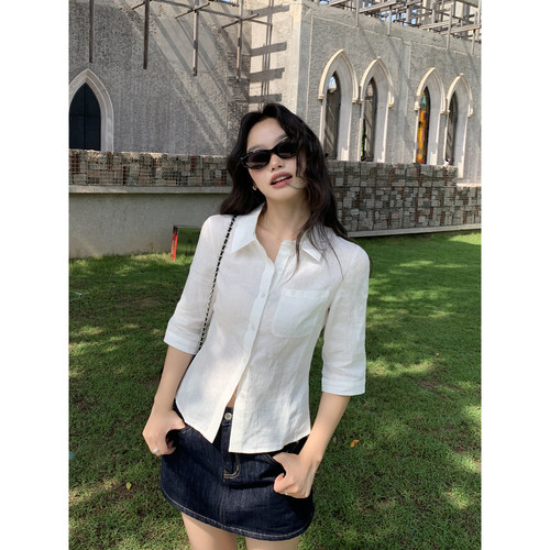 Maluona智性老钱 1OO亚麻中袖修身衬衫女通勤衬衣收腰气质上衣