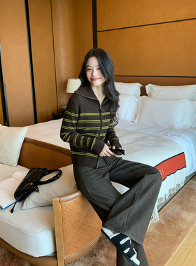 Maluona 条纹高领麻花拉链毛衣女秋冬修身显瘦短款针织开衫上衣