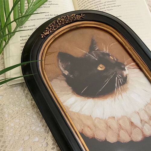 法式中古色黑猫咪油画金边式雕花拱形相框画框树脂摆台欧脂装饰画