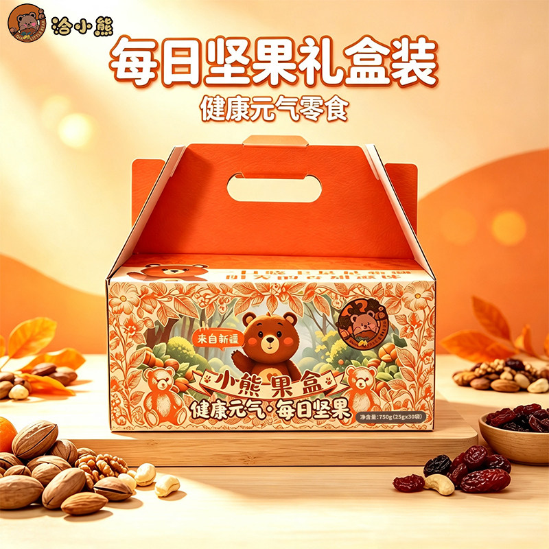 洽小熊小熊果盒每日坚果礼盒750g独立包装核桃葡萄干腰果休闲零食
