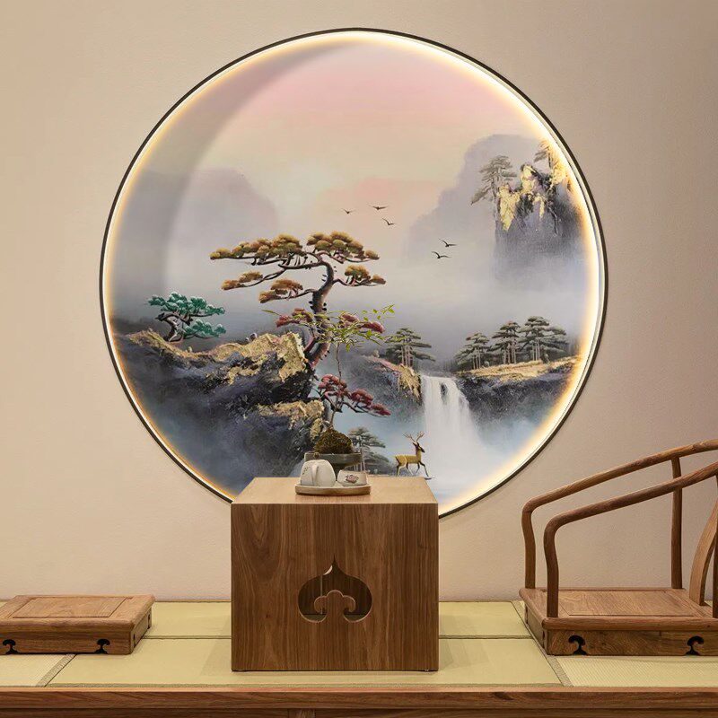 新关式圆中装饰画入户玄形走廊山水画壁画手绘油画画芯墙纸壁纸3d