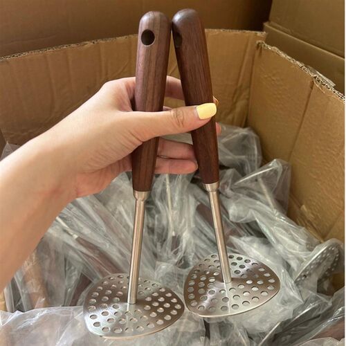米3家诺04不锈钢胡桃品土豆压泥器 家用捣泥器宝宝副食木工具捣碎