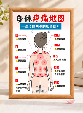 身体疼痛地图装饰画实木框中医养生馆内脏报警信号科普挂画