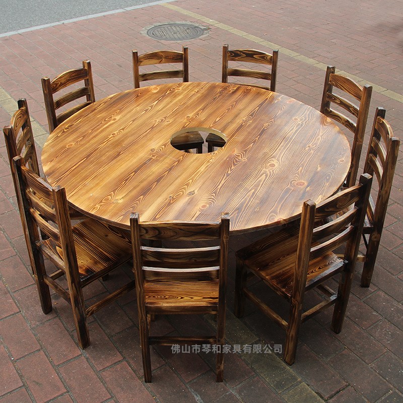 复古碳化木火烧木餐桌椅火锅桌椅B饭店快餐桌椅碳化木餐桌椅组合