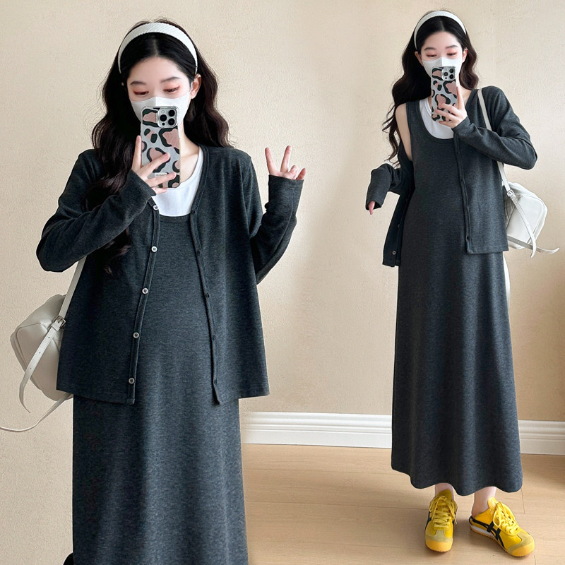 孕妇装春装长袖开衫上衣秋季背心裙2026两件套连衣裙套装孕妈裙子