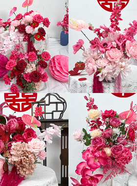 t房婚红色仿真花订婚结婚假花成品婚庆婚礼布置k玫板装饰花艺摆件