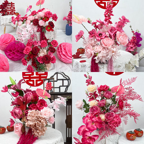 t房婚红色仿真花订婚结婚假花成品婚庆婚礼布置k玫板装饰花艺摆件