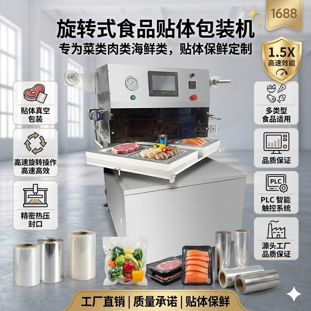 全自动托盘真空贴体包装机 自动旋转牛排保鲜一出四贴体包装机