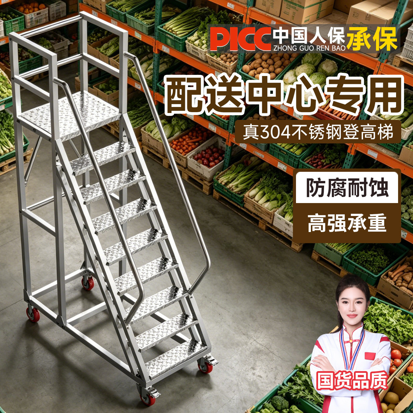 工厂实验室耐腐蚀304不锈钢登高梯加厚带刹车轮可移动仓库登高梯