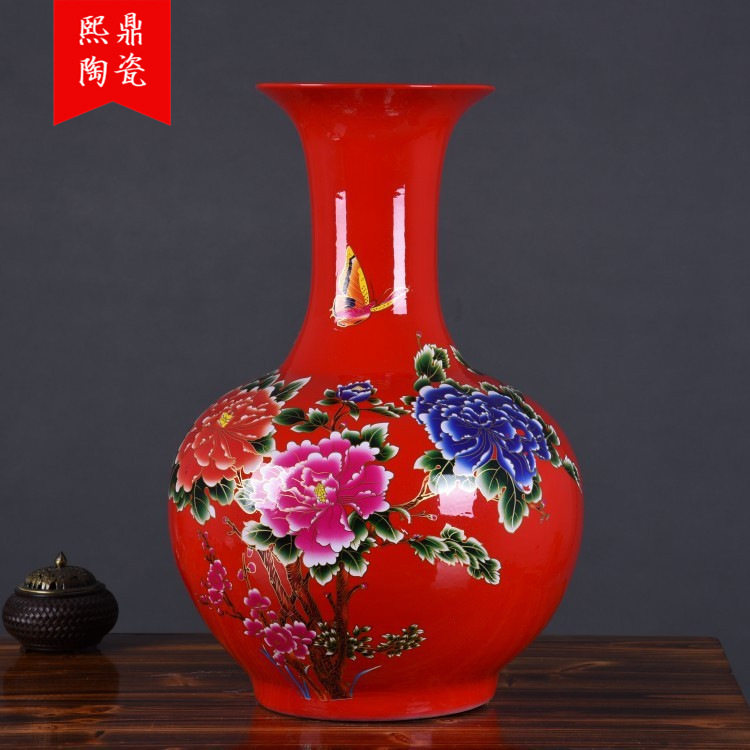 厂家批发中国红牡丹花陶瓷落地大花瓶喜庆新房装饰工艺品批发