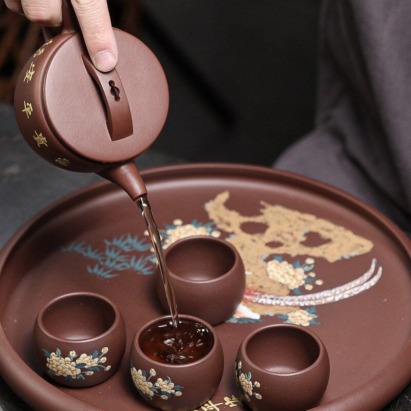宜兴原矿紫砂壶茶壶茶盘套u装茶具纯手工泥绘家用功夫泡茶壶汉瓦