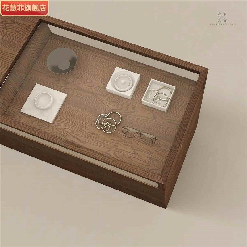 服装店吧台桌收银台复古木纹中岛台饰品柜展示台玻U璃前台桌接待