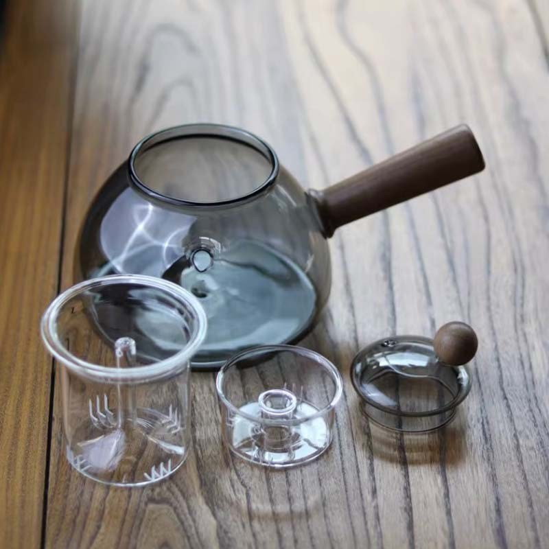 日式憨厚短嘴泡茶壶实木侧把蒸煮两用壶电陶炉煮茶壶.耐热玻璃壶