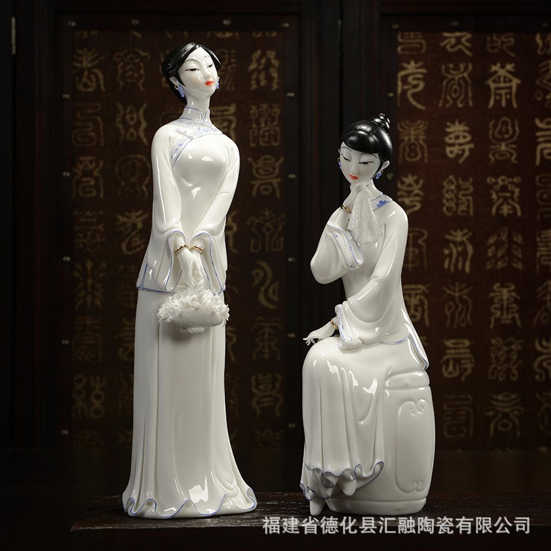 陶瓷家居摆件书房办公玄关古典美女纯手工 德化V白瓷仕女工艺品