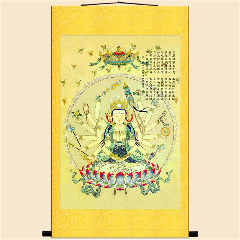 准提菩萨佛母画像挂画佛堂书房客厅装饰画丝绸画卷轴画来图定制