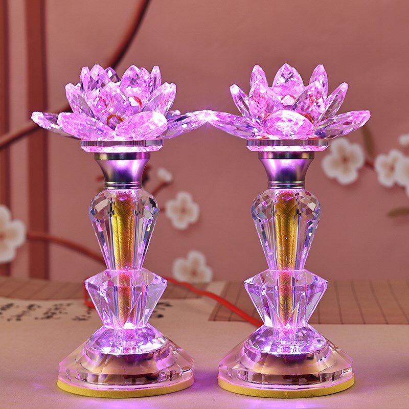 光024年新款全水晶2璃莲花灯多面切割折射七彩变玻可定色佛前插电