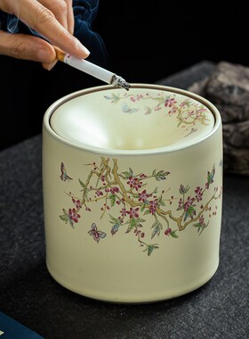 黄汝窑紫藤花茶渣缸烟灰缸陶瓷烟客有盖大号家用配厅茶道缸件建水