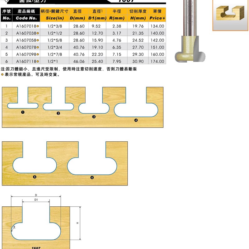 木工工具 铣刀 圆弧T型刀 1607 雅登 堤旁树