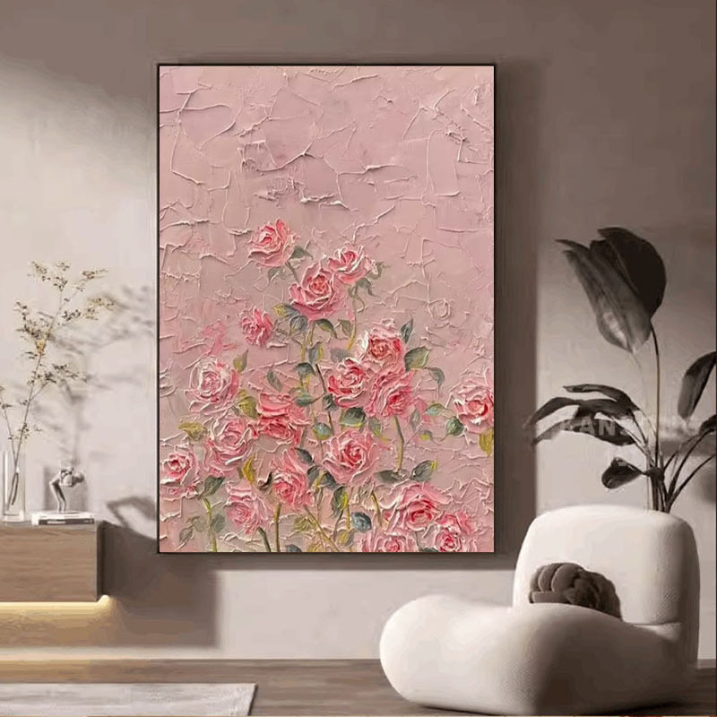 纯手绘油画粉色玫瑰花客厅卧室装饰画立体石英砂肌理画儿童房挂画
