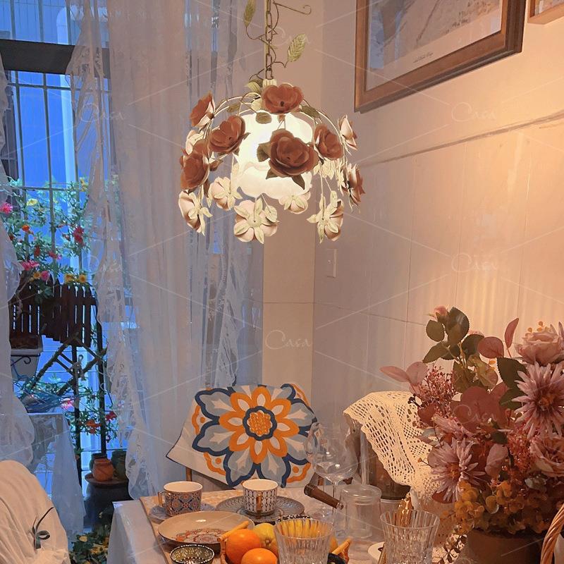 法式田园花朵餐厅吊灯网红复古创意吧台灯设计师个性餐桌灯具casa