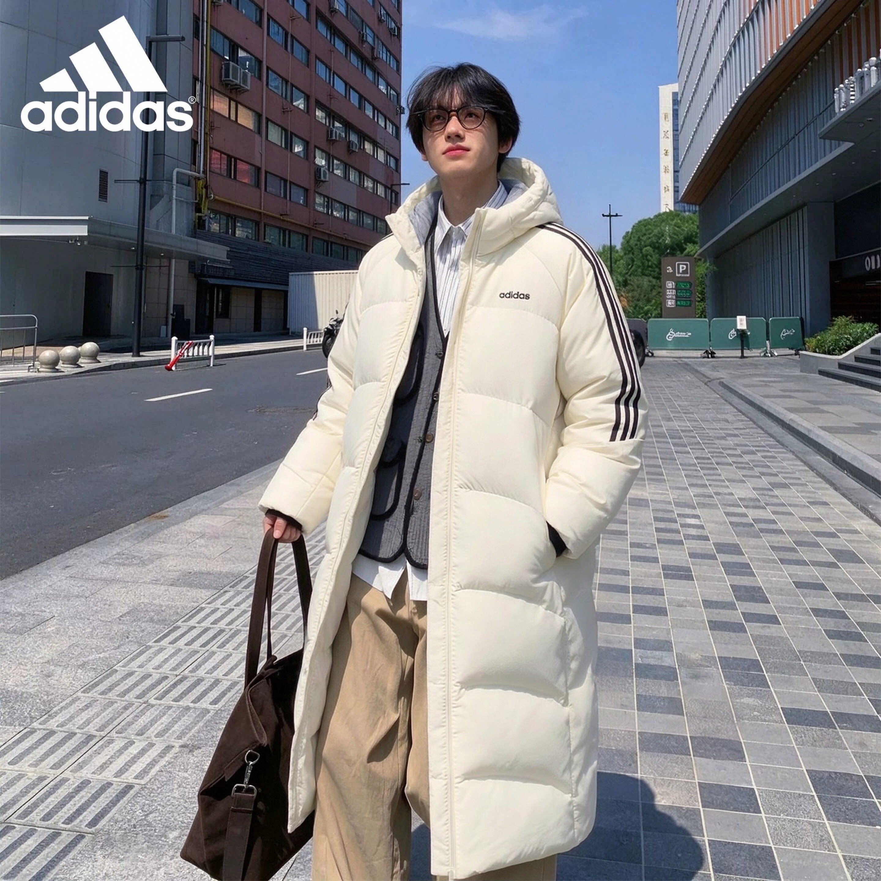 Adidas阿迪达斯长款羽绒服男新款连帽过膝三道杠鸭绒厚外套KX7264