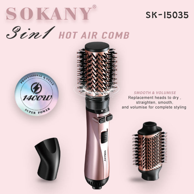 SOKANY15035跨境3合1热风梳多功能卷直多用不伤发自动旋转直发梳