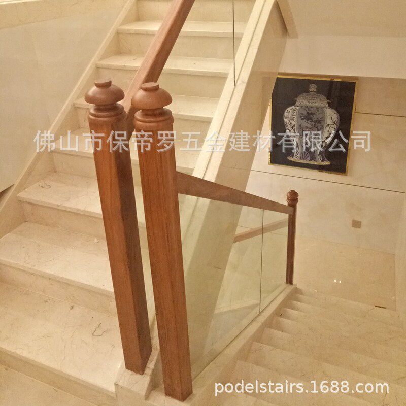钢化玻璃护栏家用别墅楼梯栏杆起步立柱巴西花梨木质扶手