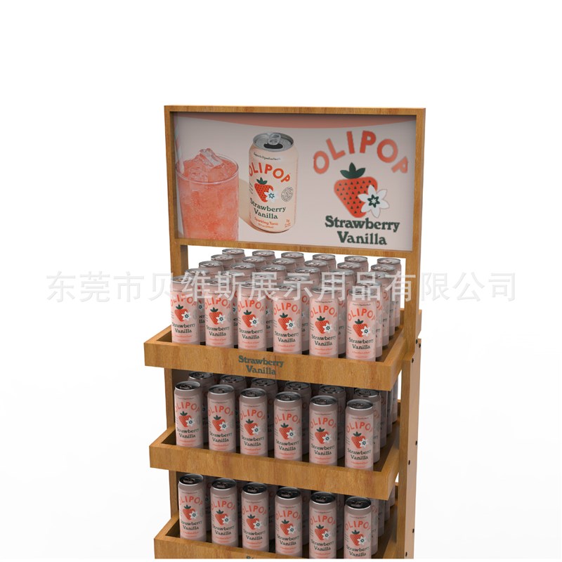 商超汽水饮料置物架易拉罐木制A展览展示架可移动滚轮实木陈列架