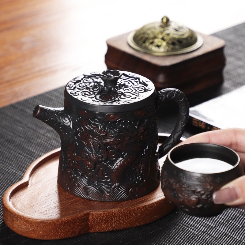 云南建水紫c陶茶壶茶具全手工雕刻祥龙秦权壶中式家用紫陶茶具套