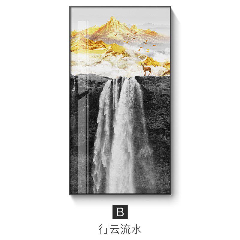 流水生财新中式玄关装饰画现代简约走廊过道竖P版挂画招财山水壁