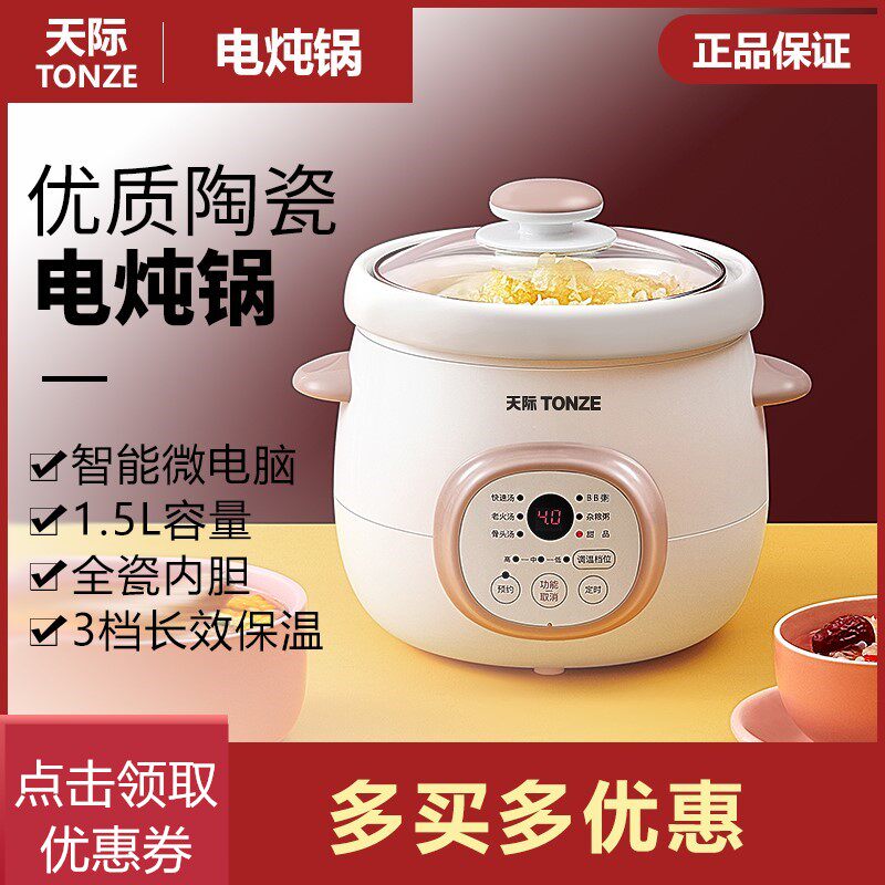 天际全自动.炖锅家用迷你陶瓷电盅煮粥煲汤砂锅2-3人智能1炖5升