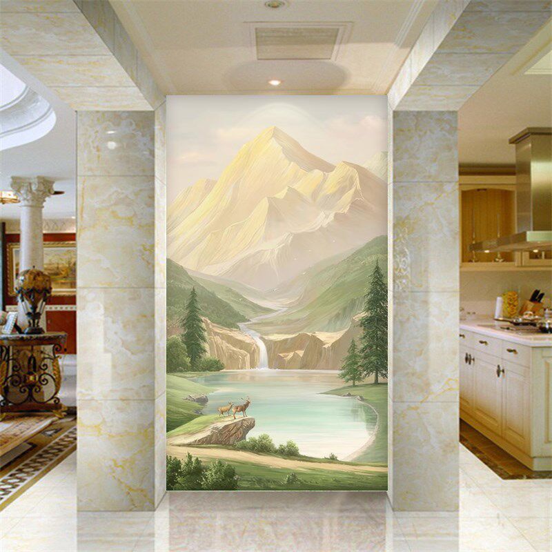 玄关装山画走廊过道风景画日照金饰山水油入户画画背景墙壁纸壁画